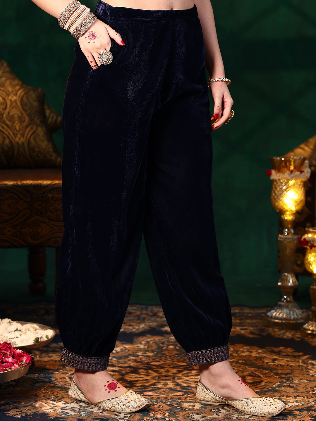 Blue Embroidered Velvet Straight Suit With Dupatta