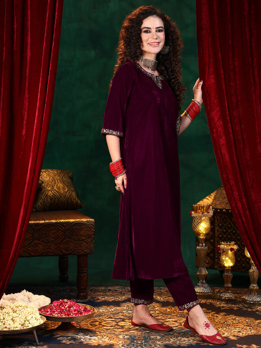Maroon Solid Velvet Straight Suit With Dupatta