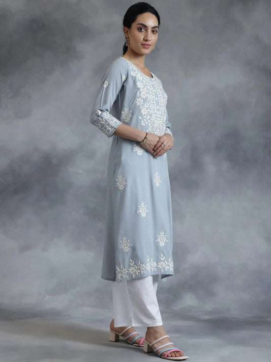 Stone Blue Embroidered Rayon Straight Kurta