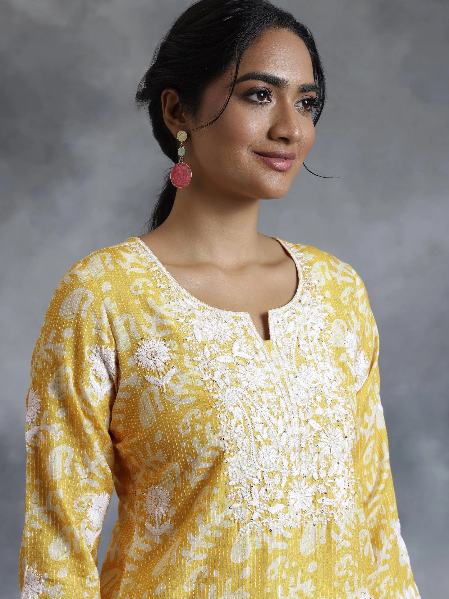 Yellow Embroidered Cotton Straight Kurta