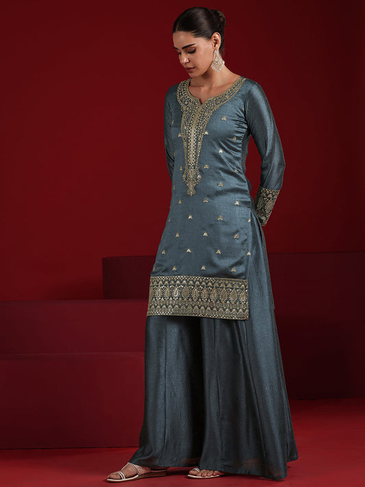 Libas Art Blue Embroidered Silk Blend Straight Suit Set With Dupatta