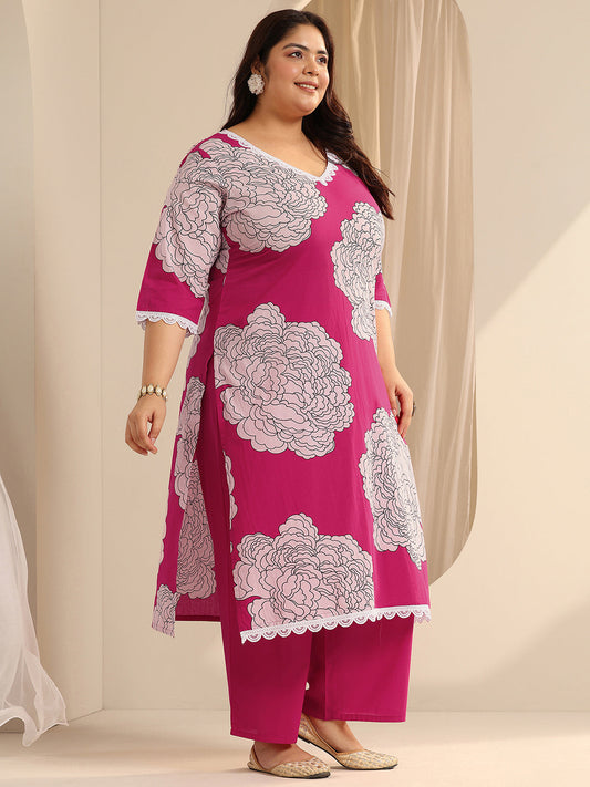 Plus Size Pink Printed Cotton Straight Suit Set With Dupatta