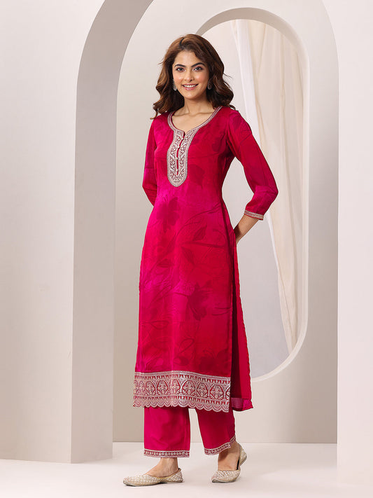 Red Printed Silk Chiffon Straight Suit Set With Dupatta