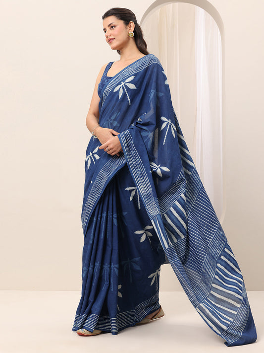 Indigo Printed Cotton Saree With Unstitched Blouse Piece