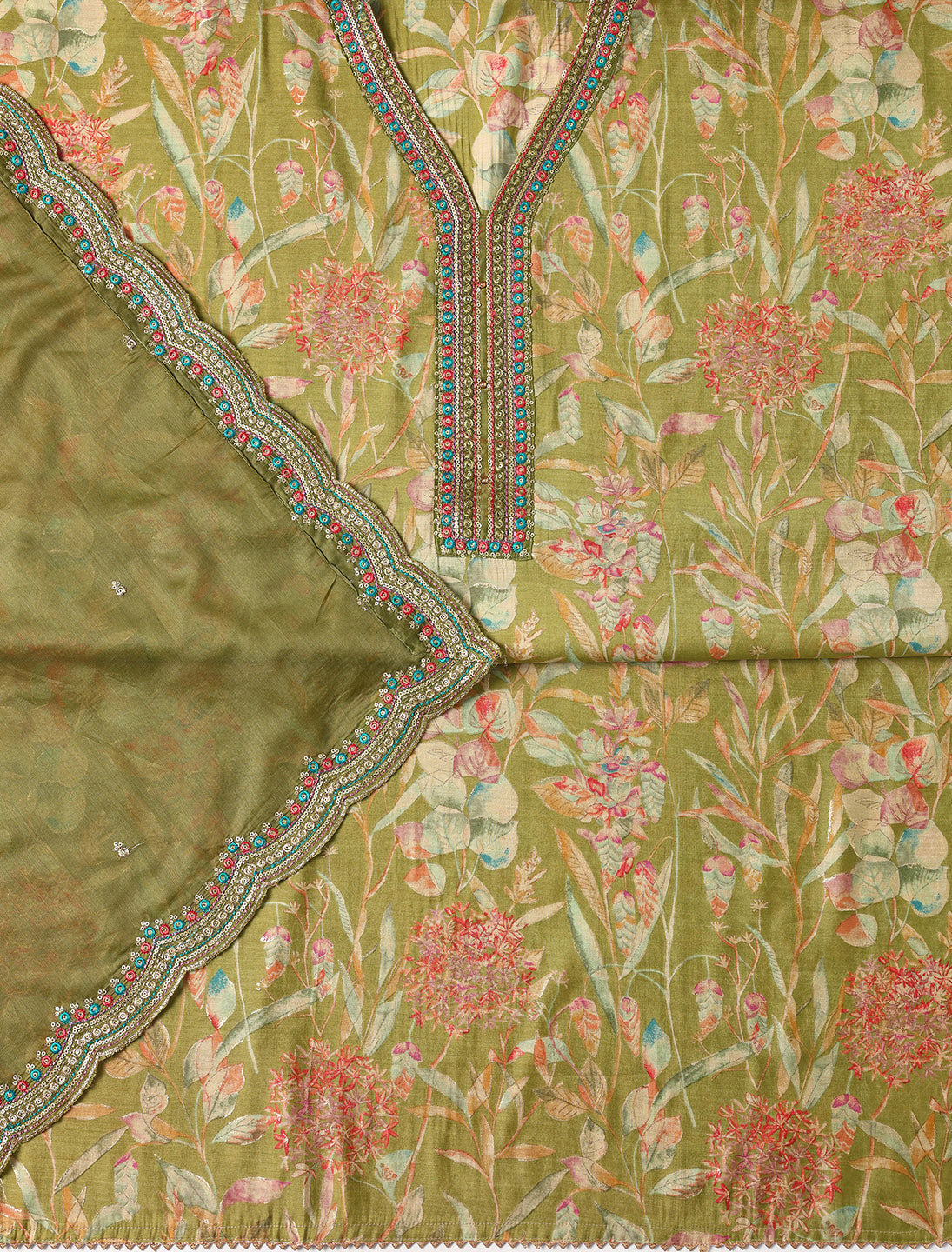 Green Printed Silk blend Dress Material With Dupatta