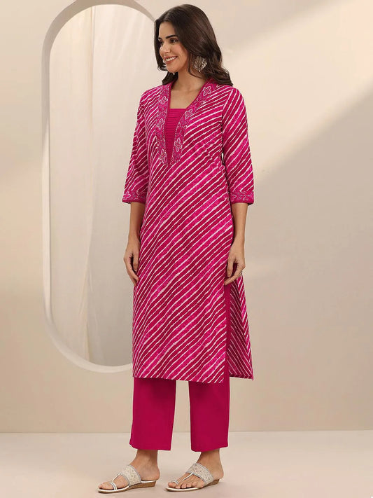 Pink Printed Cotton Straight Suit Set With Dupatta