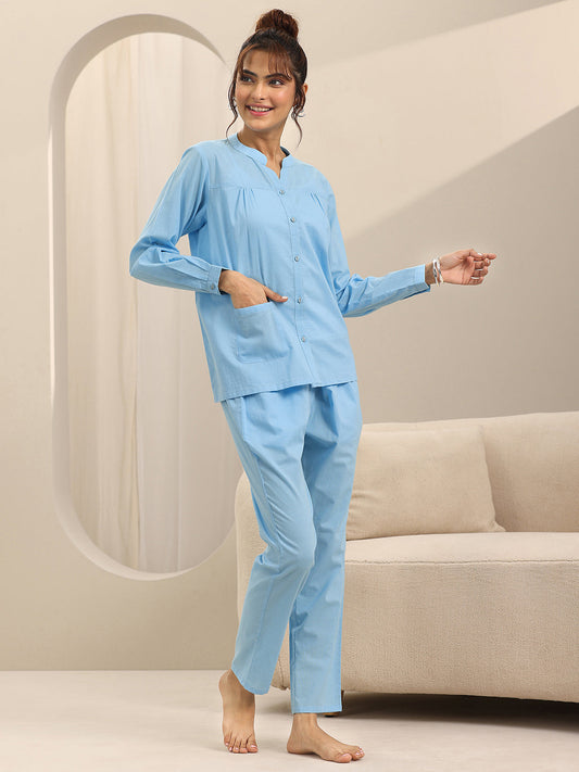 Blue Solid Cotton Night Suits