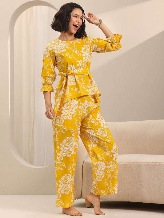 Yellow Printed Cotton Night Suits