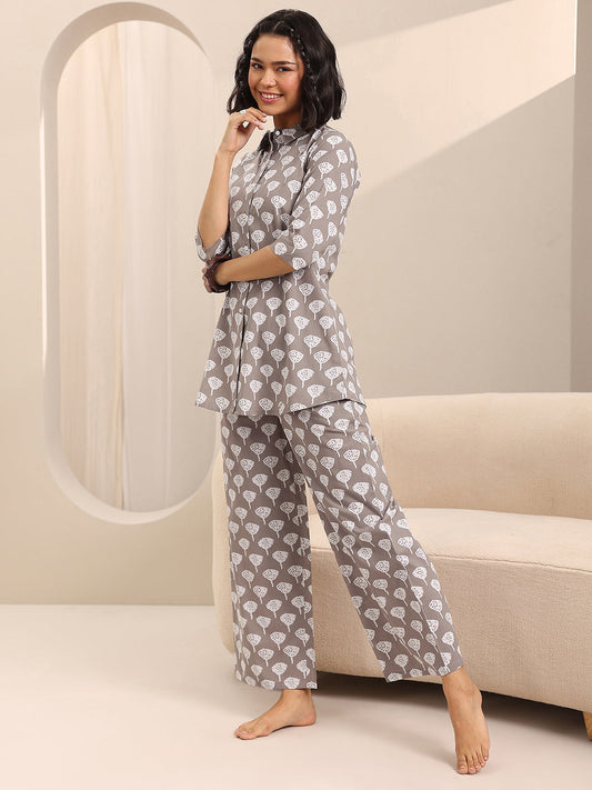 Grey Printed Cotton Night Suits