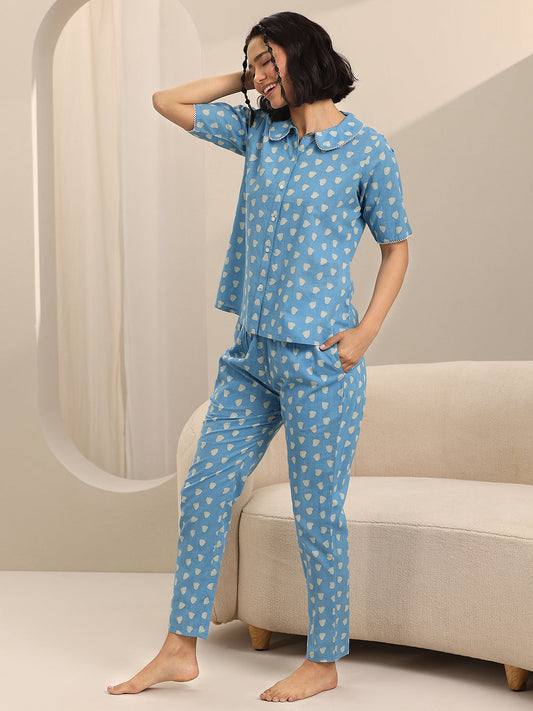 Blue Printed Cotton Night Suits