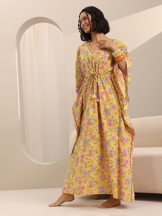Yellow Printed Cotton Kaftan Night Dress