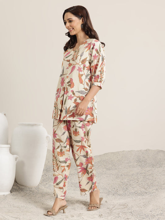 Off White Printed Cotton Co-Ord Sets