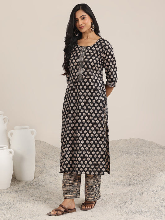 Black Printed Cotton Straight Suit With Dupatta