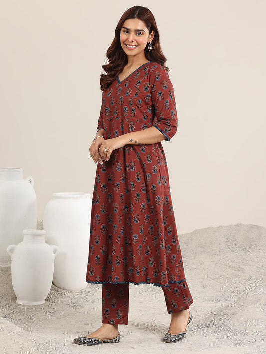 Maroon Printed Cotton A-Line Suit With Dupatta