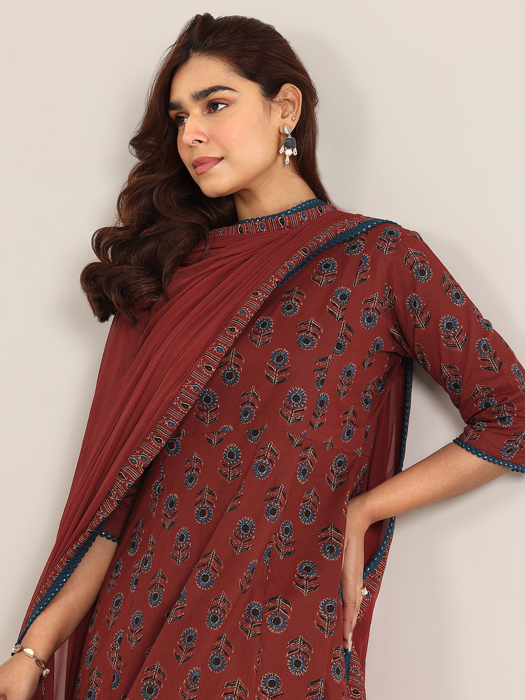 Maroon Printed Cotton A-Line Suit With Dupatta