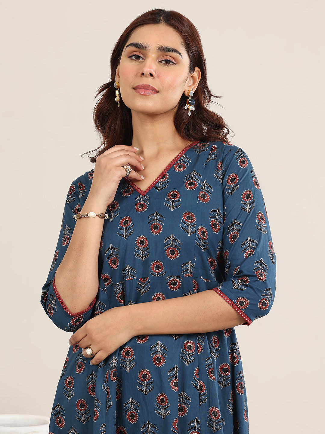Navy Blue Printed Cotton A-Line Suit With Dupatta