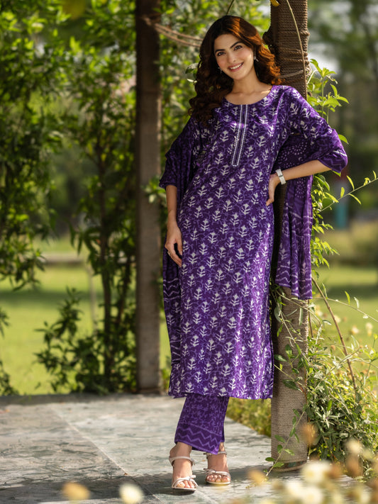 Purple Printed Cotton Straight Suit Set With Dupatta