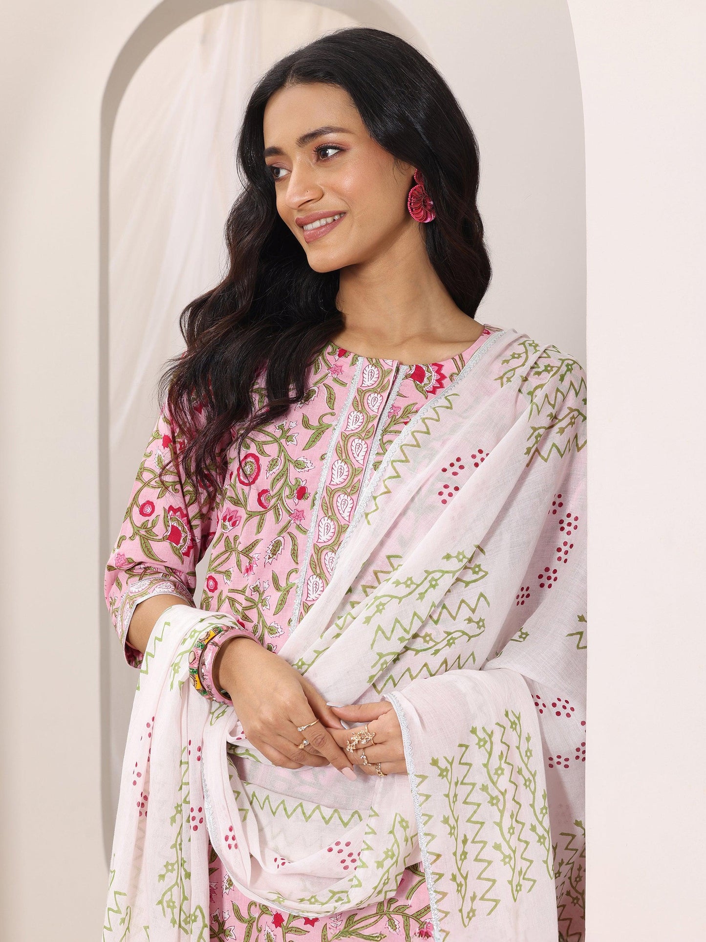 Peach Printed Cotton Straight Suit Set With Dupatta