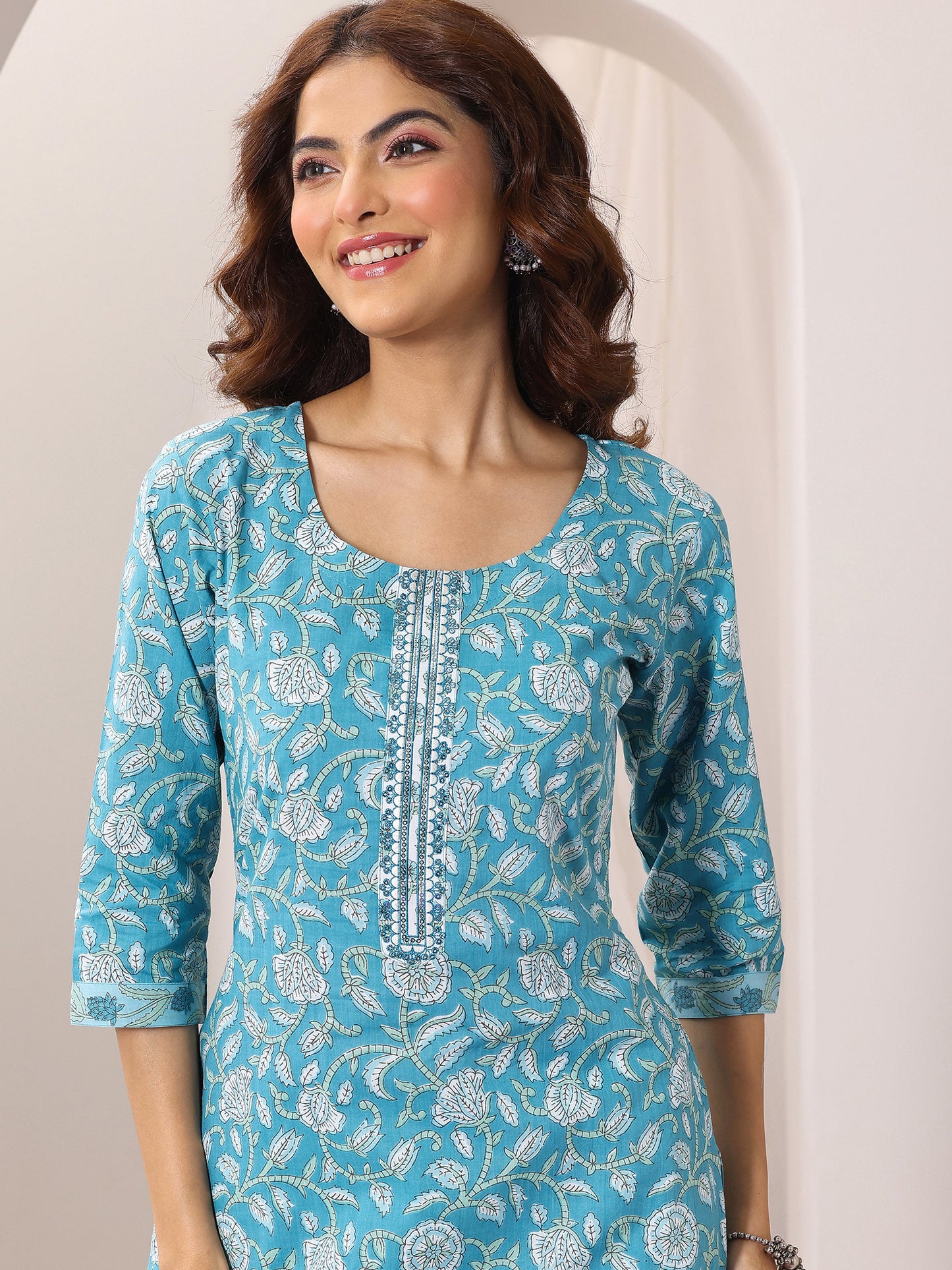 Blue Printed Cotton Straight Suit Set With Dupatta