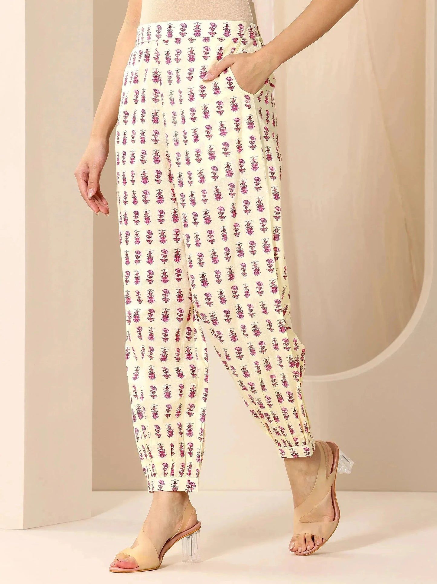 Pink Printed Cotton A-Line Suit Set With Dupatta