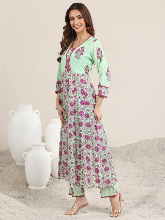 Green Printed Cotton A-Line Suit With Dupatta