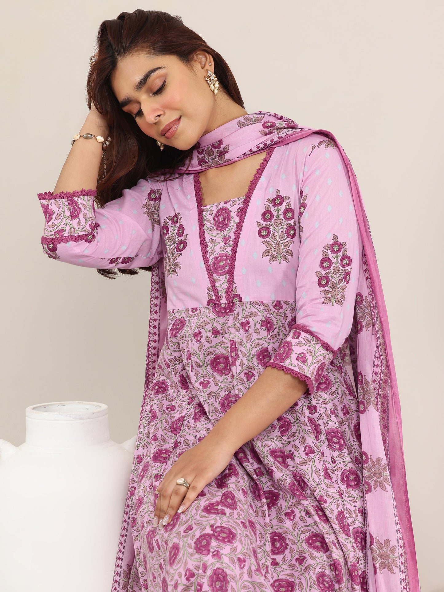 Pink Printed Cotton A-Line Suit With Dupatta