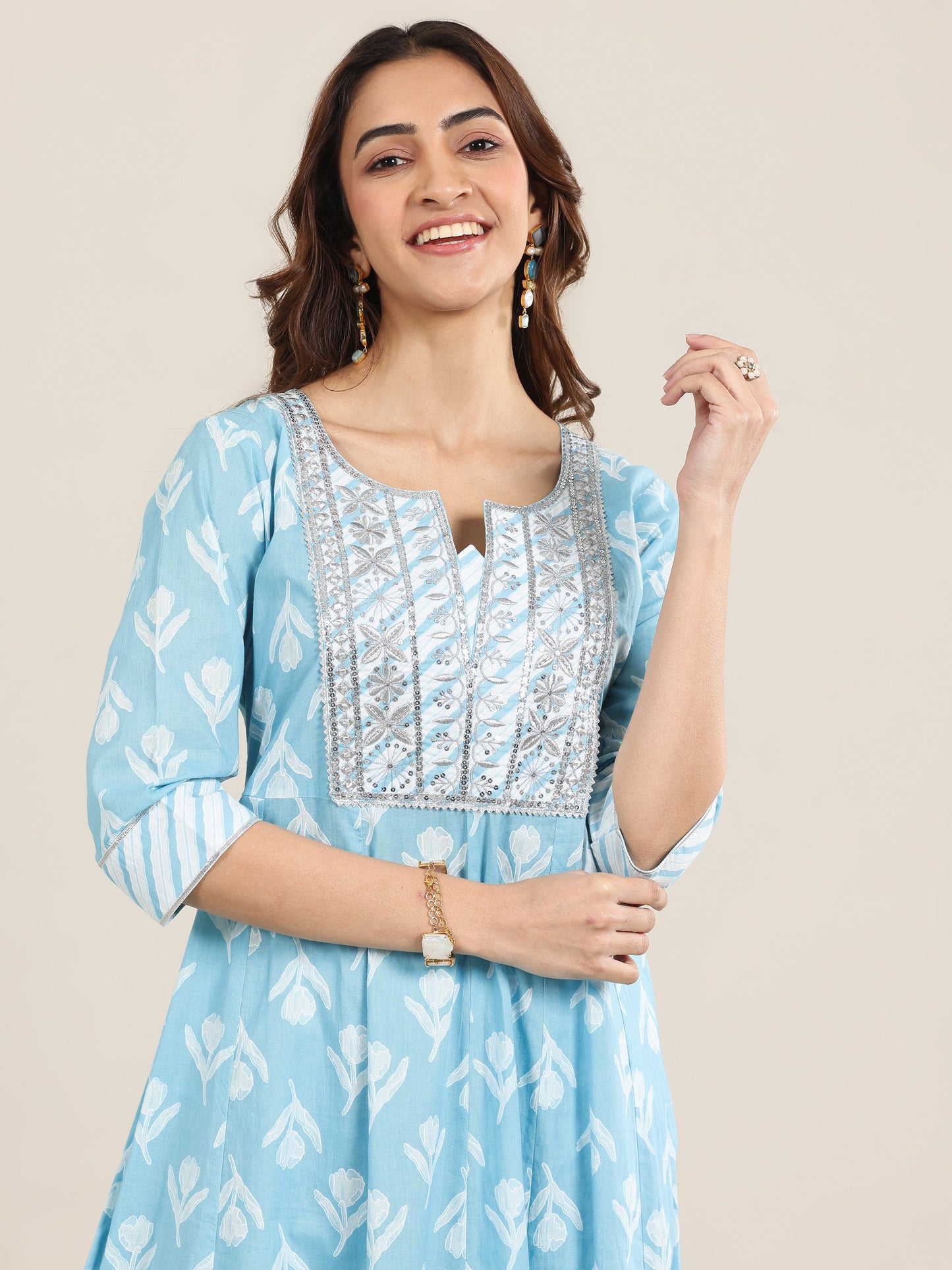 Blue Printed Cotton Anarkali Suit With Dupatta