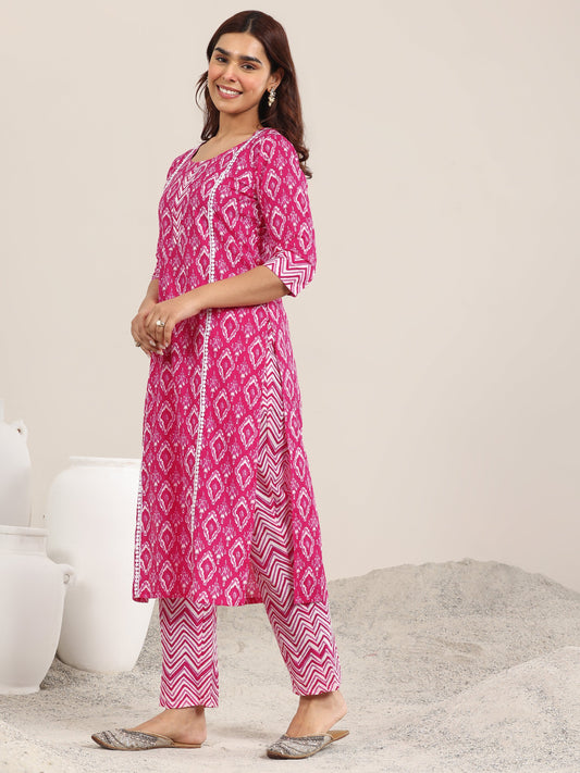 Pink Printed Cotton Straight Suit With Dupatta