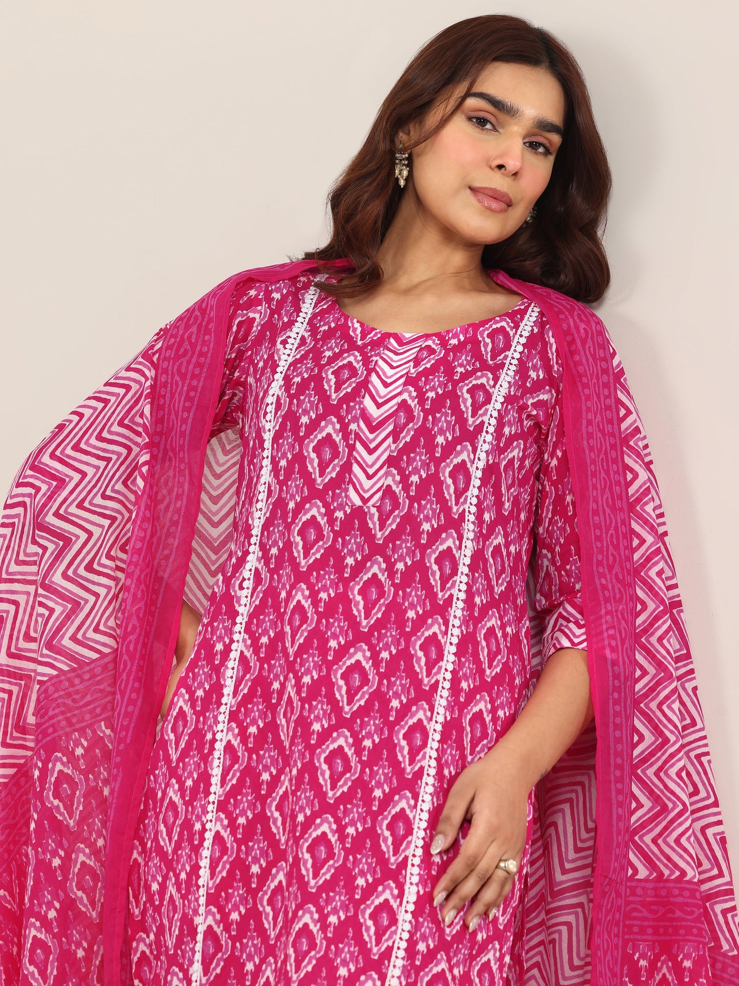 Pink Printed Cotton Straight Suit With Dupatta