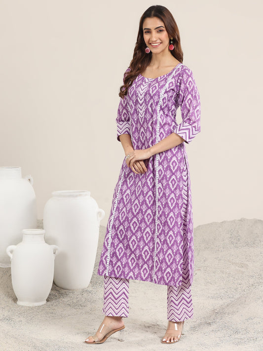 Purple Printed Cotton Straight Suit With Dupatta
