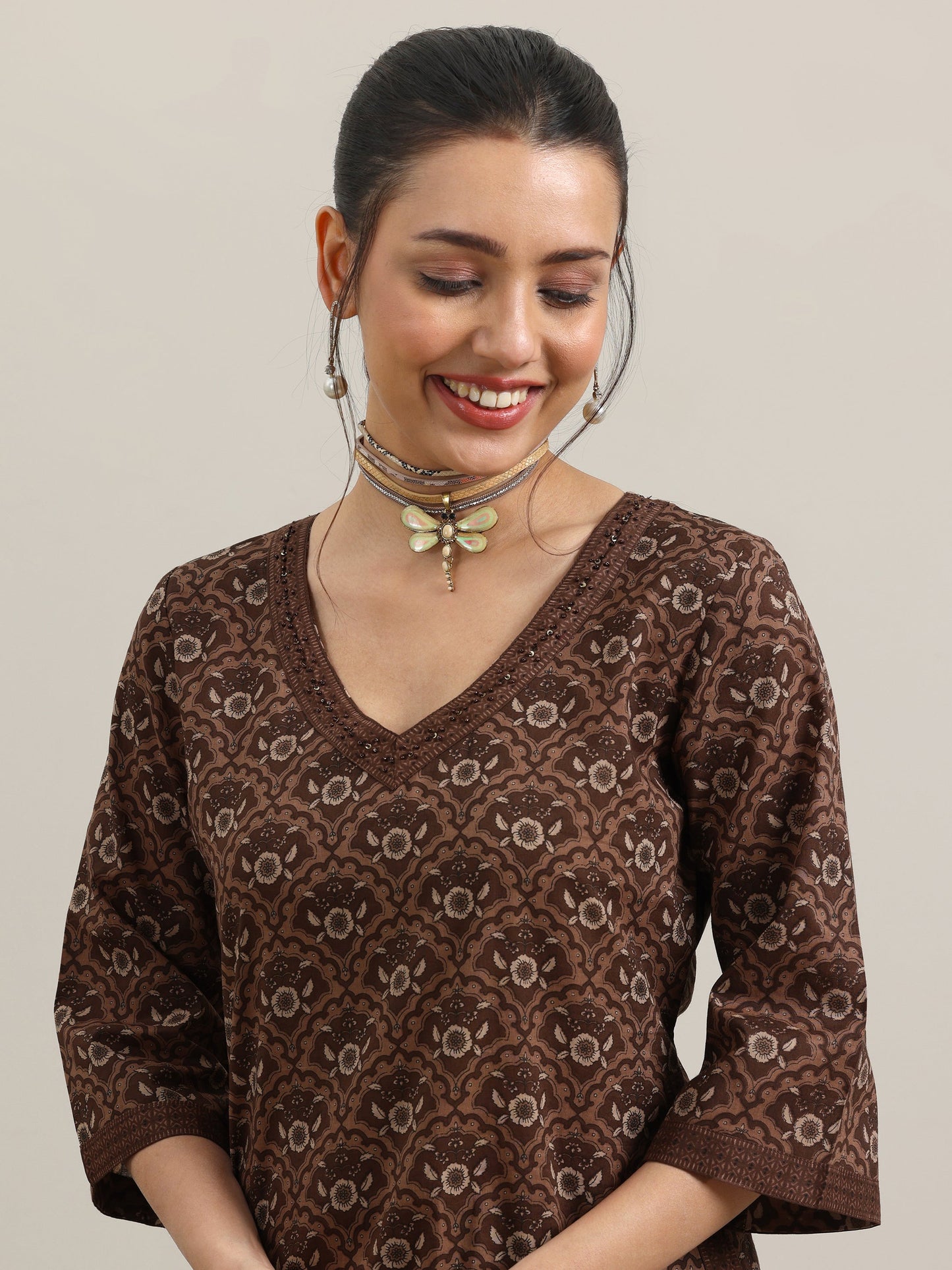 Brown Printed Cotton Straight Kurta With Trousers