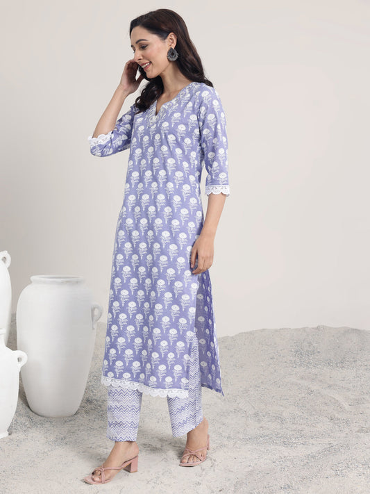 Lavender Printed Cotton Straight Suit Set With Dupatta