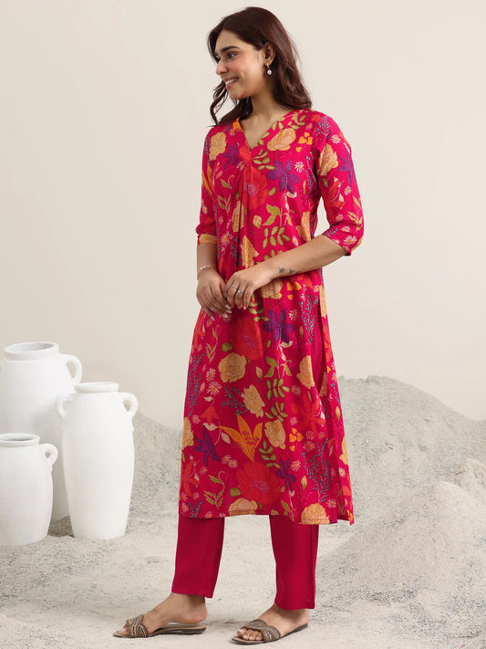 Red Printed Rayon Straight Kurta With Trousers