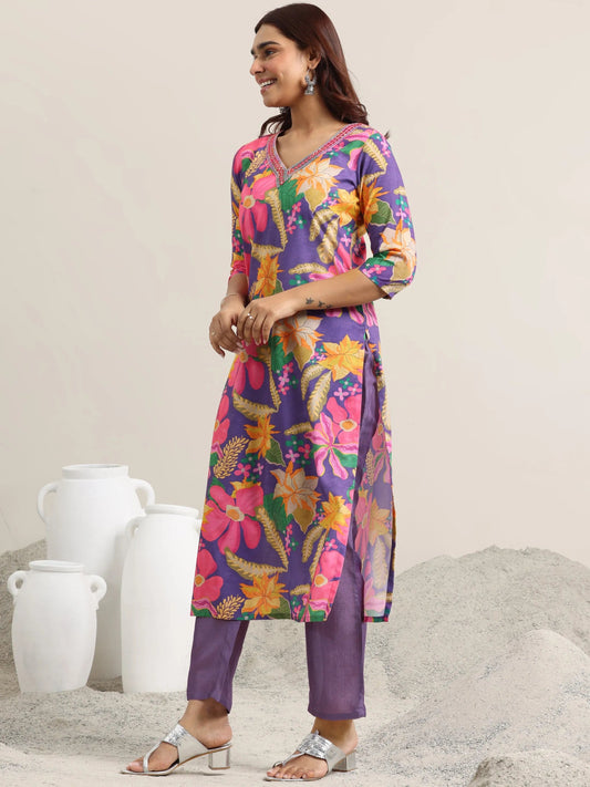 Purple Printed Rayon Straight Suit With Dupatta
