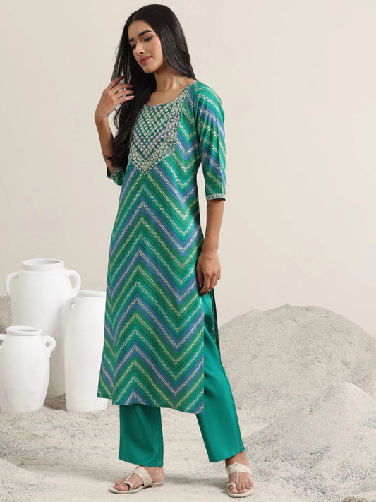 Green Printed Rayon Straight Suit With Dupatta