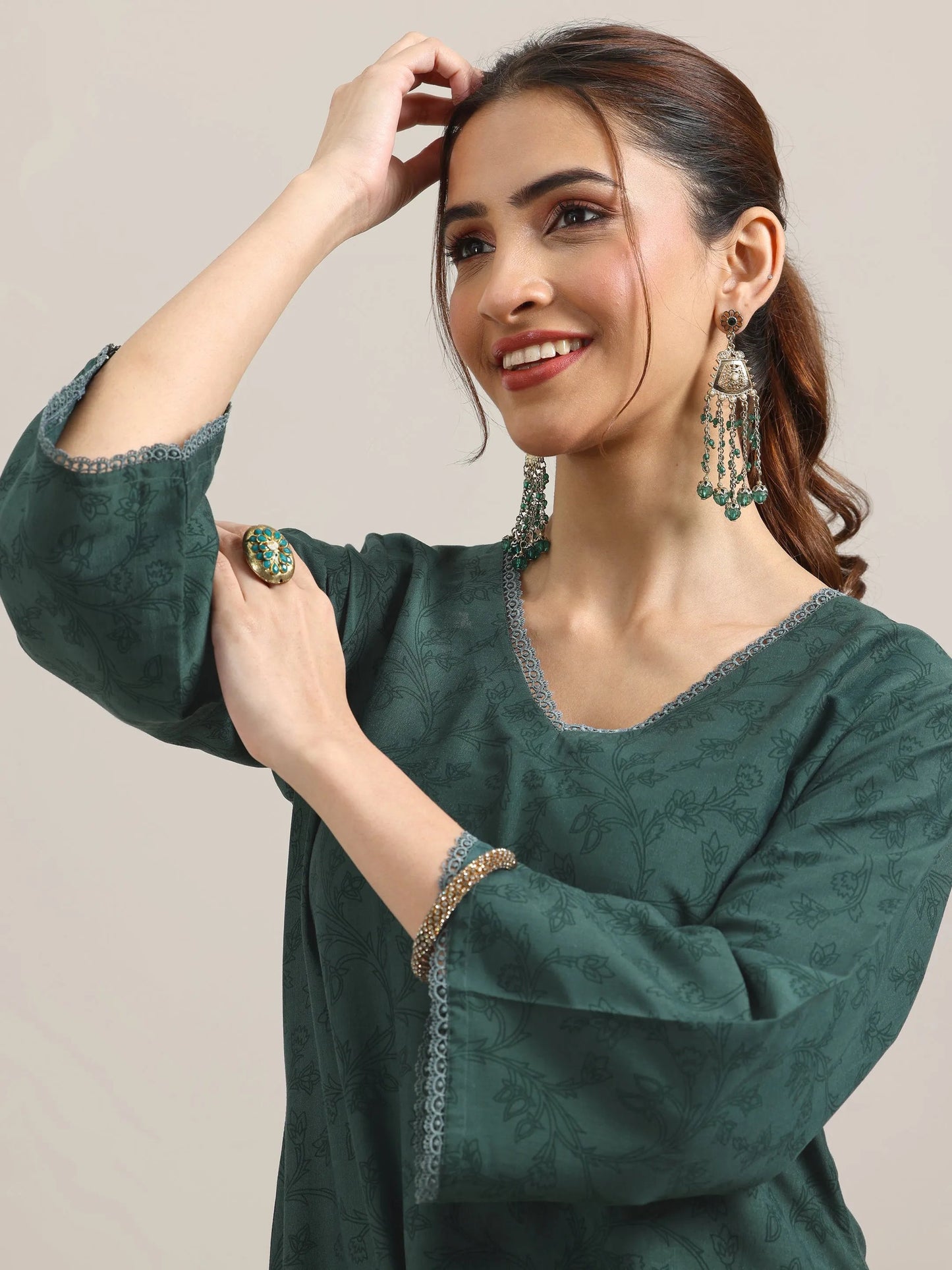 Green Printed Silk Blend A-Line Kurta With Trousers & Dupatta