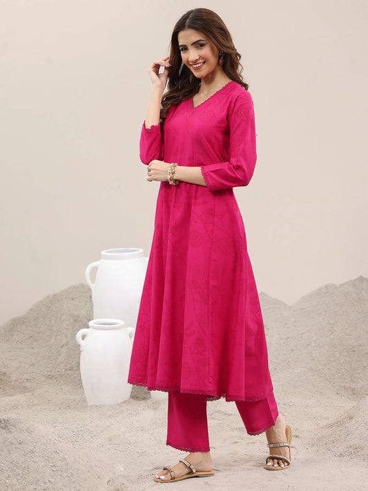 Pink Printed Silk Blend A-Line Kurta With Trousers & Dupatta