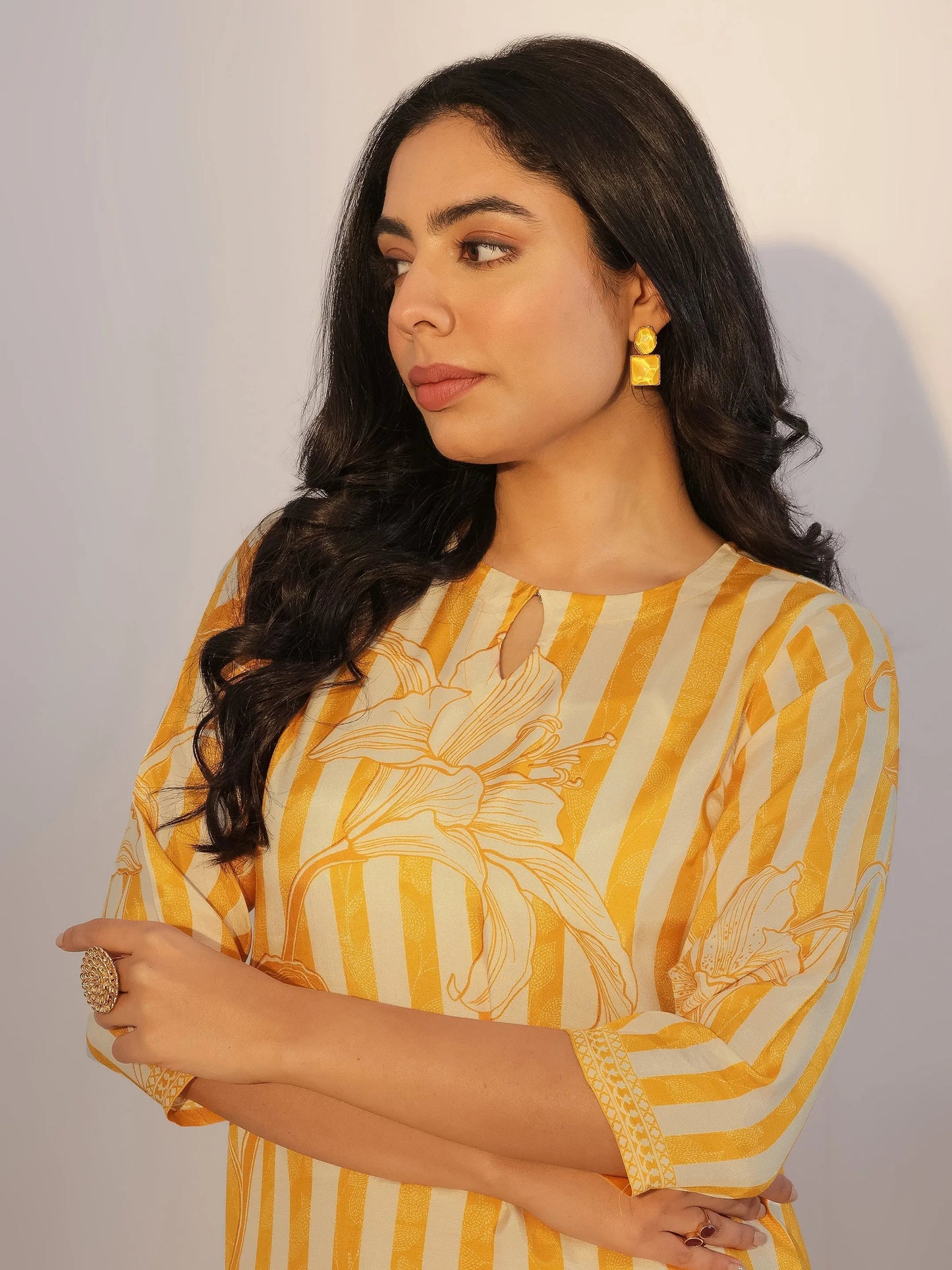 Mustard Printed Silk Blend Straight Suit With Dupatta