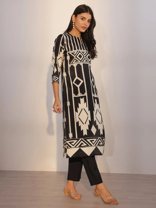 Black Printed Silk Blend Straight Suit With Dupatta