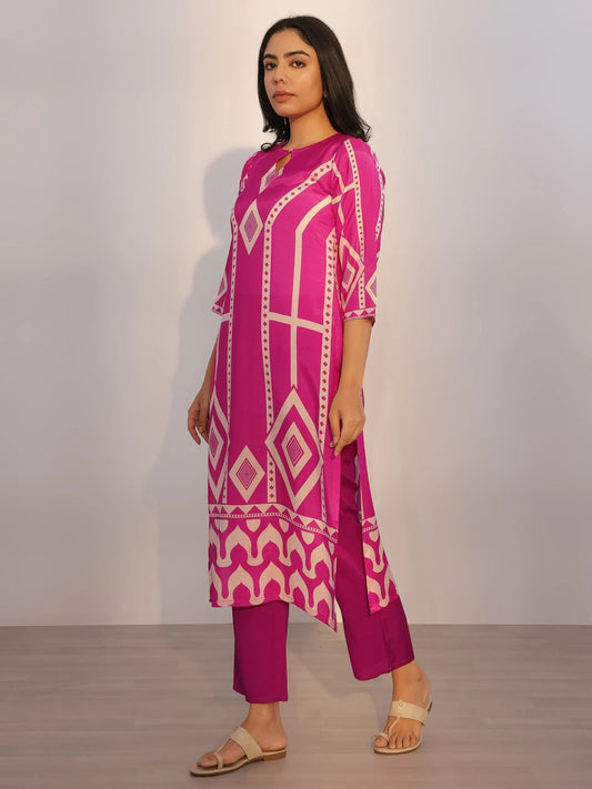 Pink Printed Silk Blend Straight Suit With Dupatta