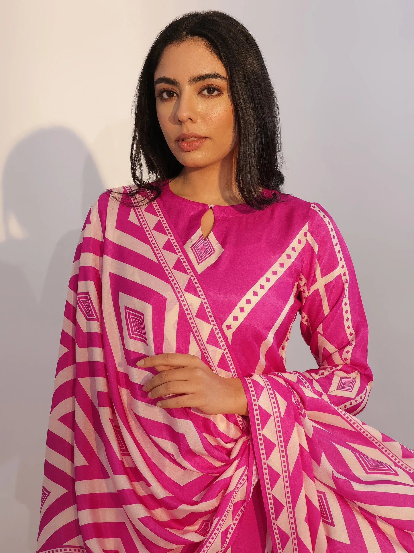 Pink Printed Silk Blend Straight Suit With Dupatta