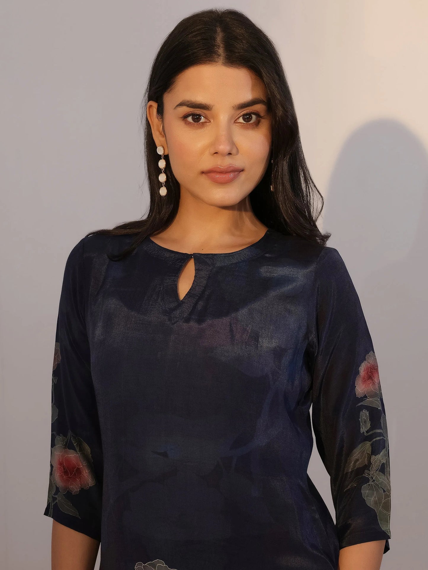 Blue Printed Silk Blend Straight Suit With Dupatta