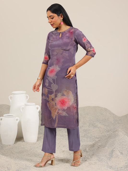 Mauve Printed Silk Blend Straight Suit With Dupatta