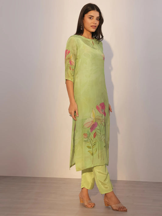Green Printed Silk Blend Straight Suit With Dupatta