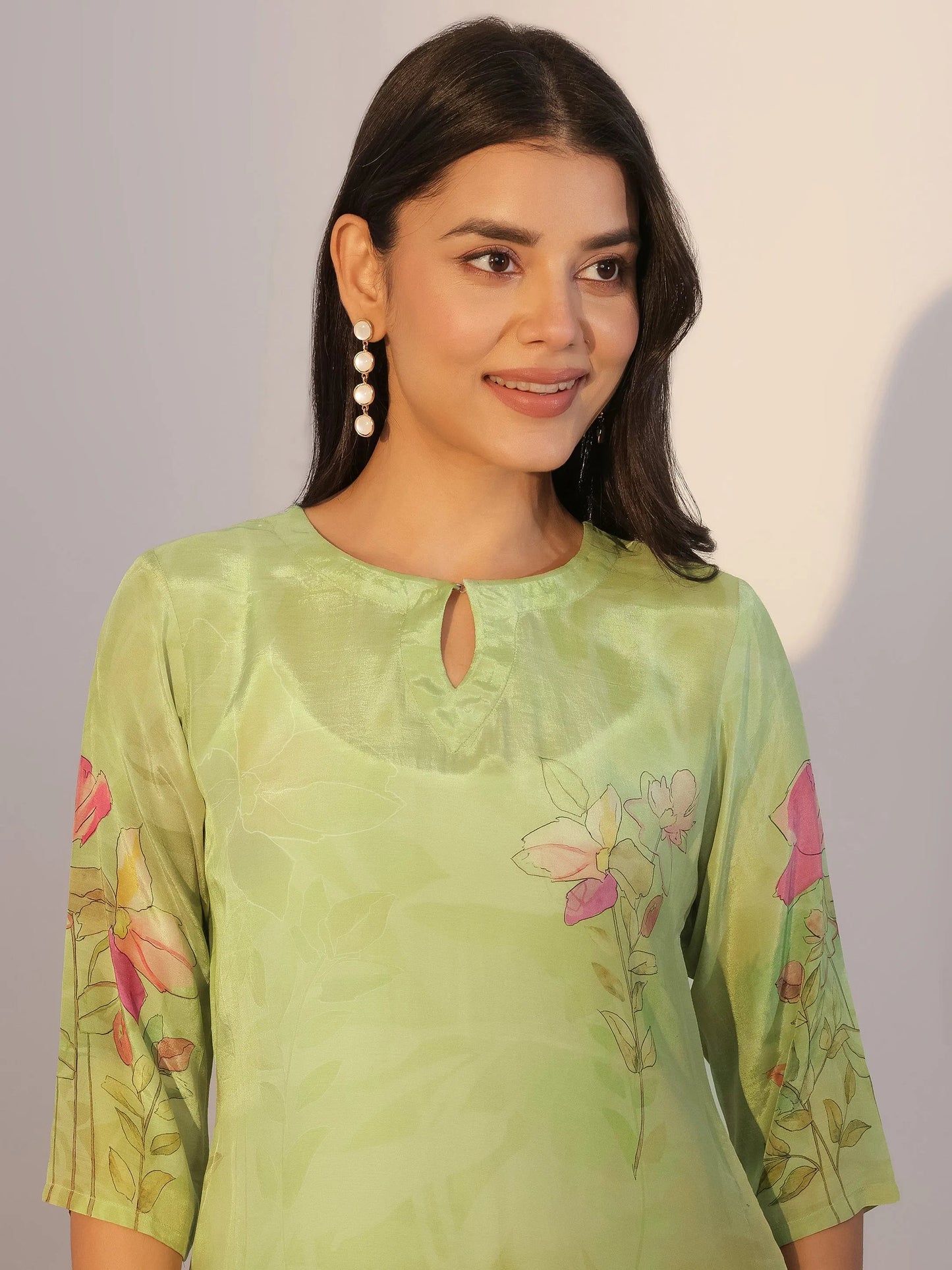 Green Printed Silk Blend Straight Suit With Dupatta