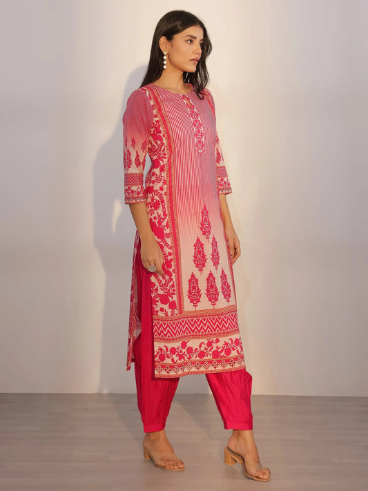 Pink Printed Silk Blend Straight Suit With Dupatta