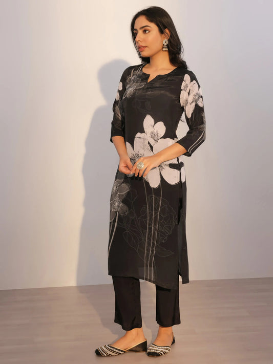 Black Printed Silk Blend Straight Suit With Dupatta