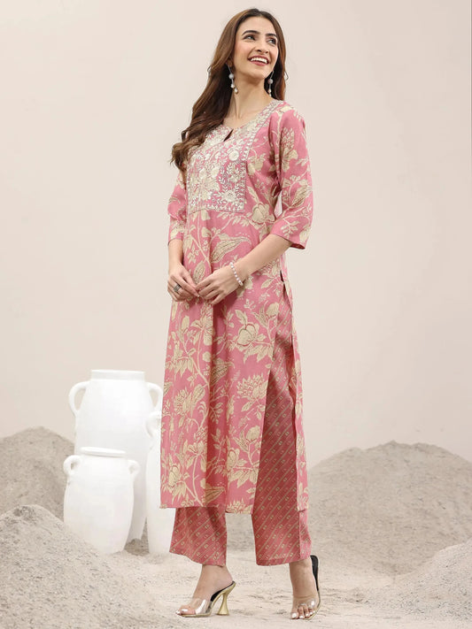 Pink Printed Silk Blend Straight Suit With Dupatta