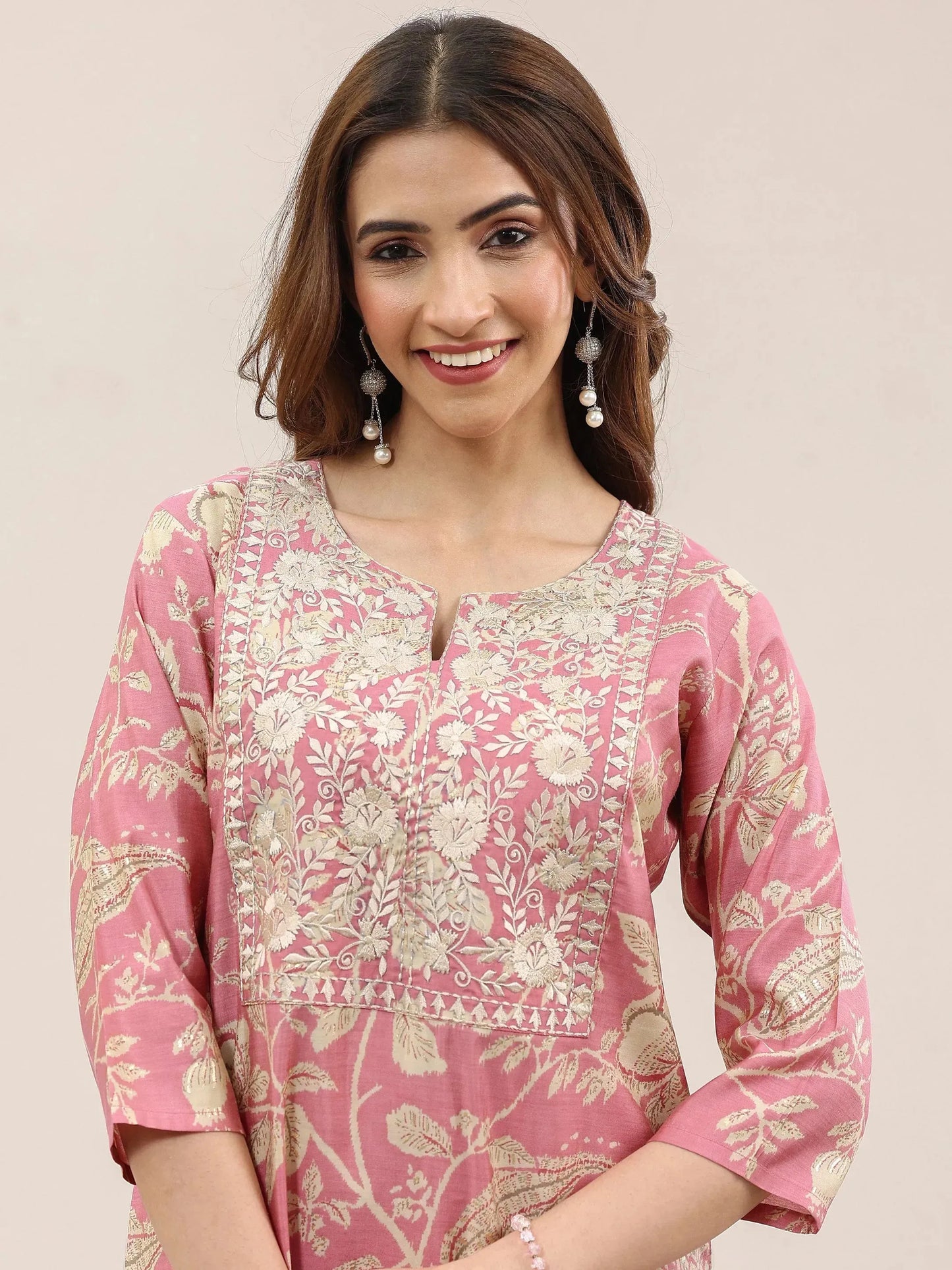 Pink Printed Silk Blend Straight Suit With Dupatta