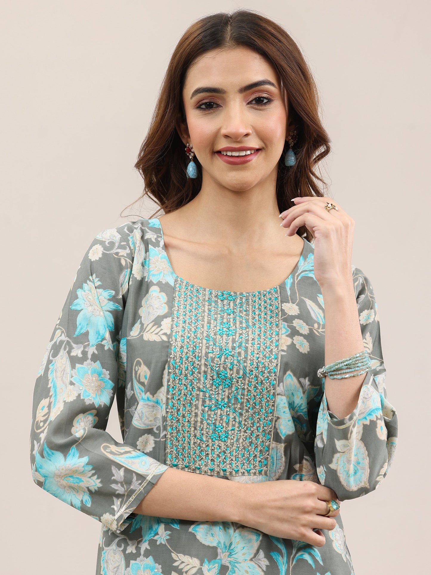 Grey Printed Silk Blend Straight Suit With Dupatta